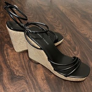 Marc Fisher Zeki Gold Braided Espadrille Wedge Black Sandal